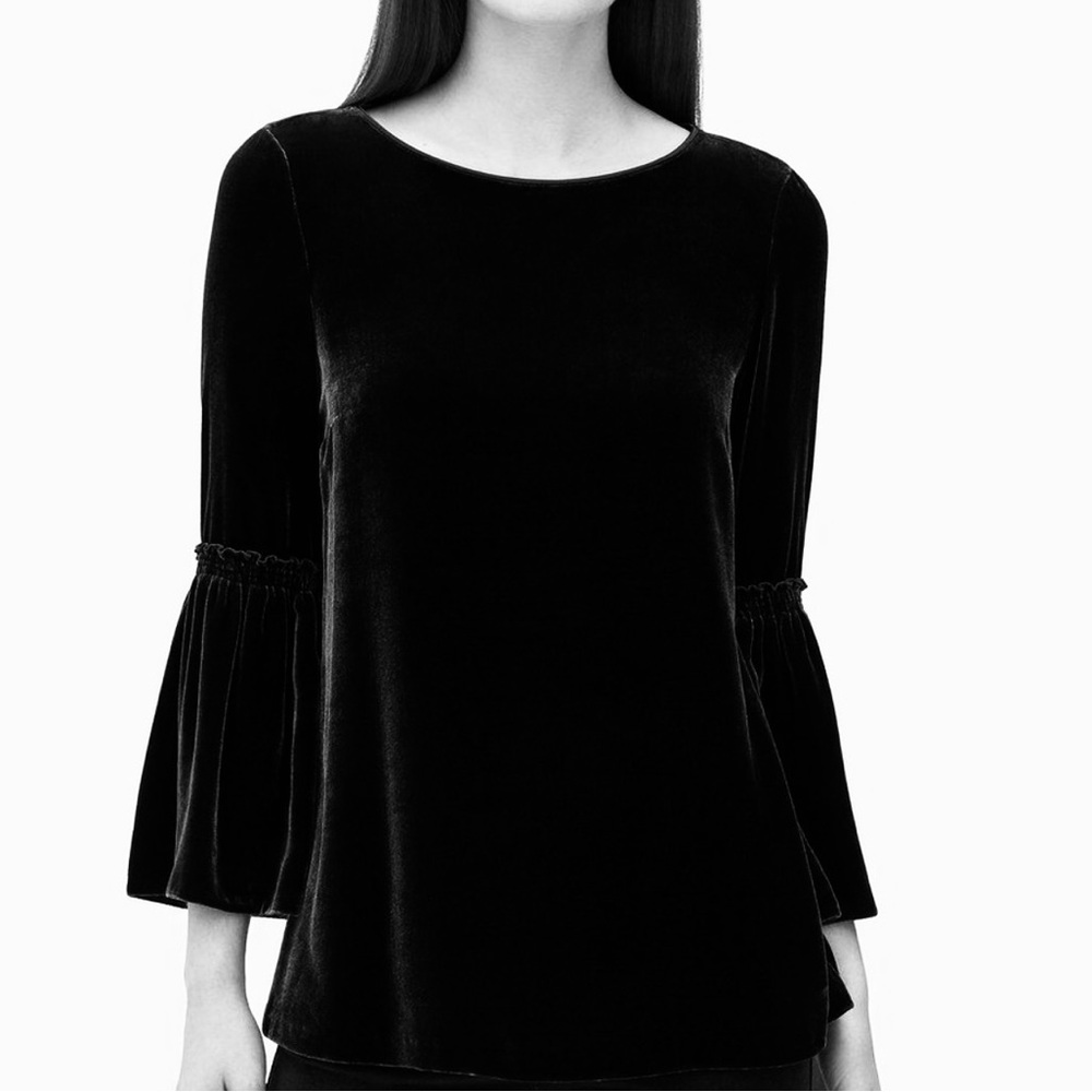 Lafayette 148 New York Roslin Velvet Bell Sleeve Top Black Silk Blend Mob Wife-M
